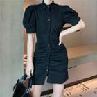 Puff-sleeve Mini Bodycon Shirtdress Black - One Size