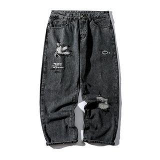 Lettering Print Distressed Straight Leg Jeans
