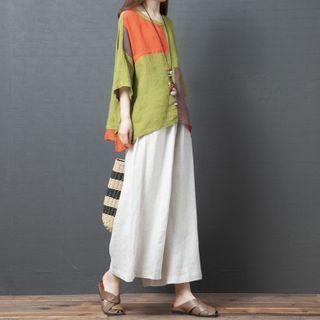 Elbow-sleeve Color Block T-shirt / Wide Leg Pants / Set