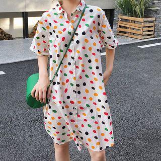 Short-sleeve Polka Dot Shirt Dress White - One Size