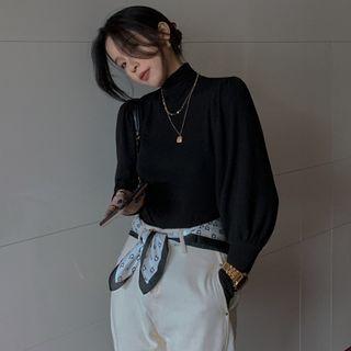 High-neck Puff-sleeve Plain T-shirt