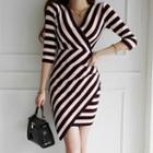 Elbow-sleeve Striped Irregular Mini Bodycon Dress