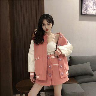 Two Tone Baseball Jacket / Buttoned A-line Skirt