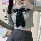 Bow Polo Knit Top With Bow - Gray - One Size