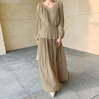 V-neck Ruched Maxi Dress Beige - One Size