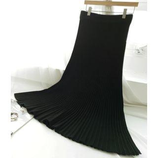 Band-waist Slit-side Pleated Knit Skirt