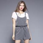 Set: Plain Short Sleeve Chiffon Top + Spaghetti Strap Playsuit