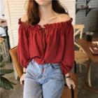 Plain Off-shoulder Chiffon Blouse Red - One Size