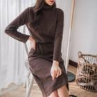 Turtle-neck Ribbed Dress With Belt