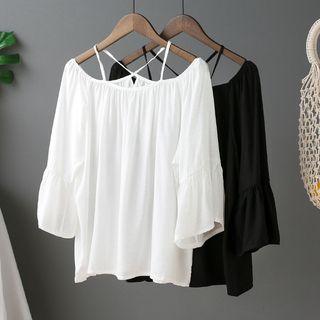 Plain 3/4-sleeve Cut Out Shoulder Blouse