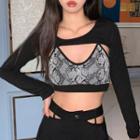 Set: Snakeskin Print Camisole Top + Long-sleeve Crop T-shirt