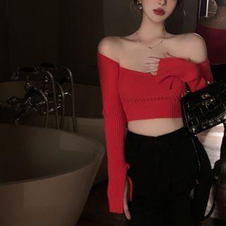 Off-shoulder Crop Knit Top Red - One Size