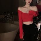 Off-shoulder Crop Knit Top Red - One Size