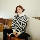 Mockneck Zebra Fluffy Sweater Ivory - One Size