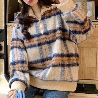 Half-zip Plaid Woolen Sweatshirt