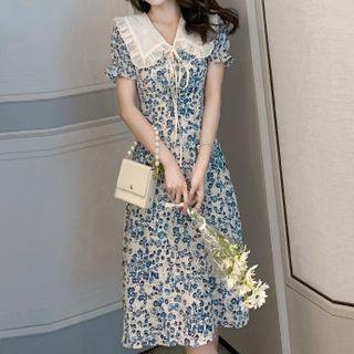 Puff Sleeve Frill Trim Peter Pan Collar Floral Print A-line Dress