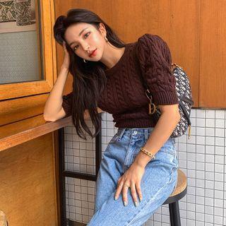 Puff-sleeve Backless Cable-knit Top