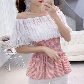 Off-shoulder Gingham Panel Top
