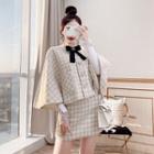 Set: Long-sleeve Top + Plaid Cape + A-line Skirt