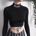 Mock-turtleneck Letter Embroidered T-shirt