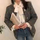 Collarless Buttoned Wool Blend Tweed Jacket