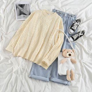 Plain Cable Knit Sweater / High-waist Wide-leg Jeans