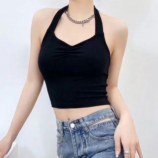 Sleeveless Halter Cutout-back Plain Crop Tank Top
