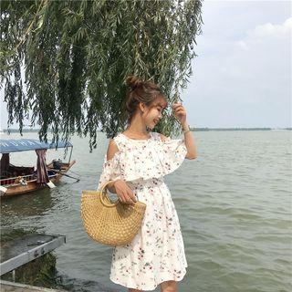 Elbow-sleeve Cold Shoulder Print A-line Mini Dress As Shown In Figure - One Size
