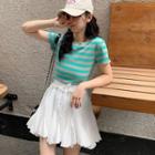 Short-sleeve Striped T-shirt / Mini Pleated Skirt