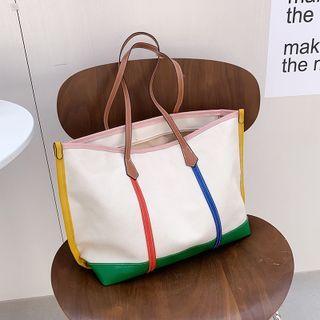 Contrast Trim Tote Bag Off-white & Blue & Green - One Size