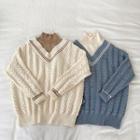 Mock Two-piece Color-block Cable-knit Mock-neck Knit Top