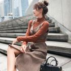 Set: Long-sleeve Mock Neck T-shirt + Sleeveless Herringbone Mini A-line Dress