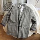 Plaid Double-breasted Blazer Light Gray - One Size