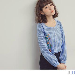 Floral Embroidered Striped Round Neck Blouse