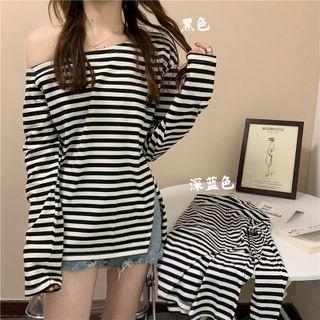 Long-sleeve Striped Off-shoulder T-shirt
