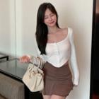 Long Sleeve Irregular Plain Crop Top / Plain Shirred Skirt