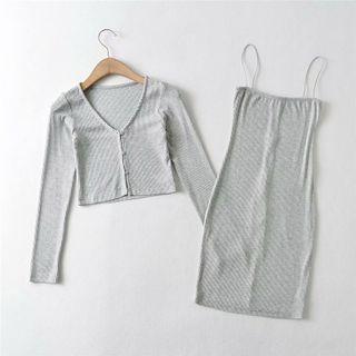 Set: Button-up Crop Knit Top + Spaghetti-strap Sheath Dress