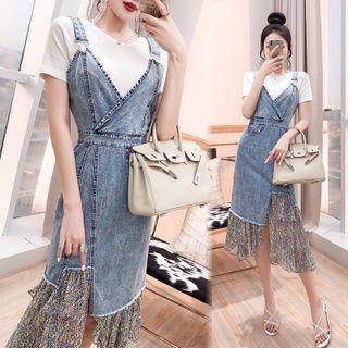 Set: Short-sleeve Plain T-shirt + Floral Print Trim Denim Midi Mermaid Overall Dress