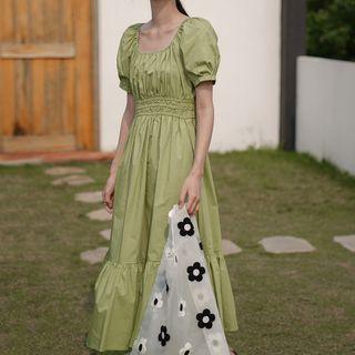 Puff-sleeve Tiered A-line Midi Dress