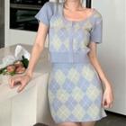 Square-neck Argyle Knit Top / High-waist Argyle Mini Skirt