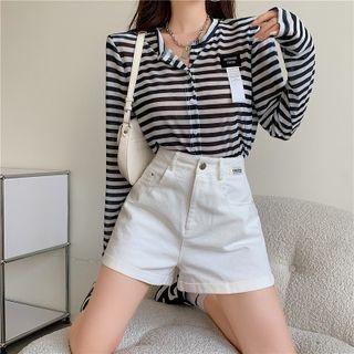 Long-sleeve Striped Top / Denim Shorts