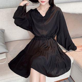 Plain V-neck Long-sleeve Drawstring Dress
