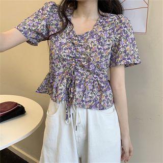 Ruched Front Ruffle Trim Floral Cropped Top