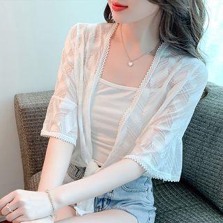 Elbow-sleeve Open-front Lace Trim Jacket