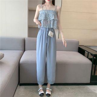 Flower Print Ruffle Camisole Top / Cropped Harem Pants