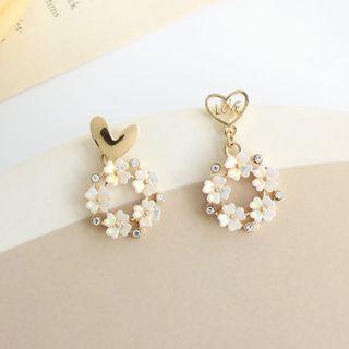 Asymmetrical Heart Floral Drop Earring / Clip-on Earring