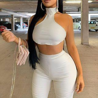 Faux Leather Halter-neck Crop Top