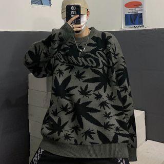 Lettering Leaf Jacquard Sweater