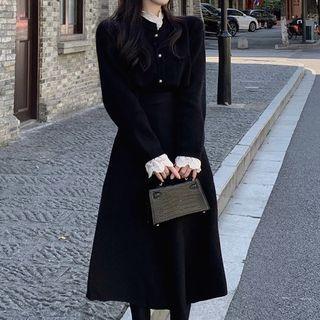 Long-sleeve Lace Trim Knit Top / Midi A-line Skirt