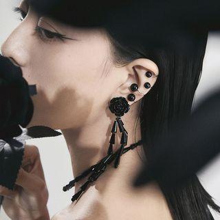 Flower Faux Crystal Fringed Earring 1 Pair - Black - One Size